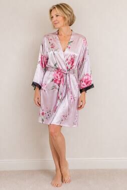 LR4005 Pink Floral Satin Kimono Robe Black Lace Trim Size S CH 4 6 49